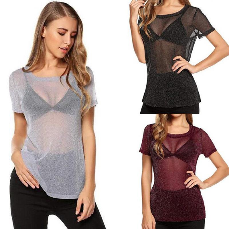 High elastic silver mesh hollow short-sleeved top sexy