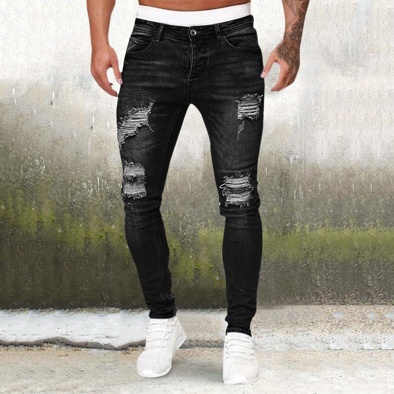 Pants Skinny Fit Trousers Ripped Slim Fashion Men White