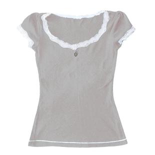 pink sweet lace vintage ruched crop tee summer casual