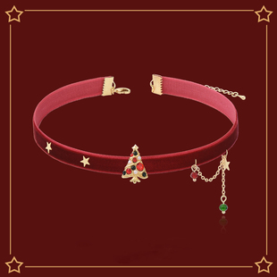 原创镶钻圣诞树项圈红色丝绒流苏新年锁骨链高级感项链颈链choker