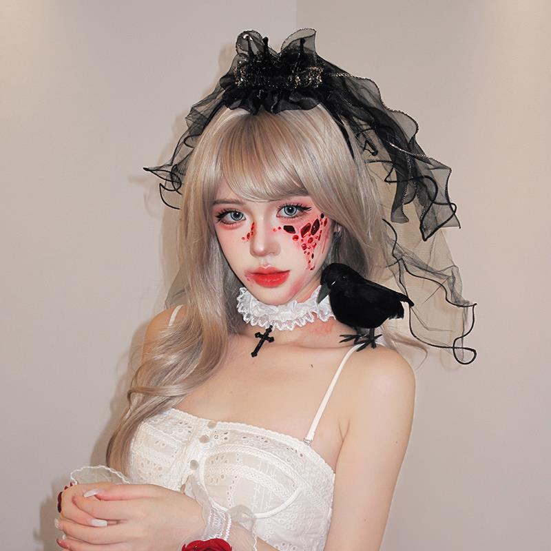 万圣节哥特风黑色皇冠头纱发箍女高级感玫瑰气质头箍派对节日装扮