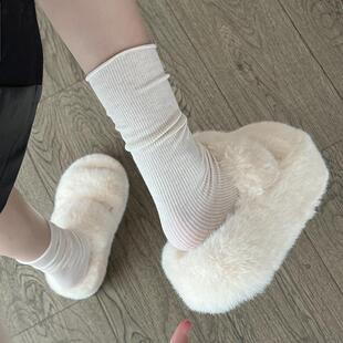 白色保暖增高一字厚底毛毛拖鞋女冬外穿2025新款室内家居毛绒棉拖