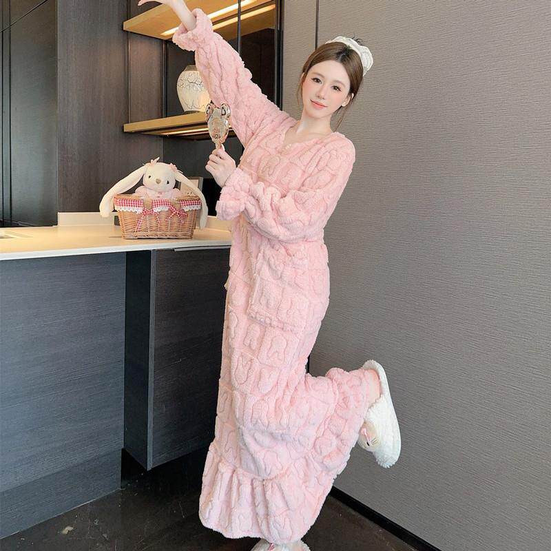 长款到脚踝珊瑚绒睡裙女秋冬季甜美加厚加绒大码200斤胖MM家居服