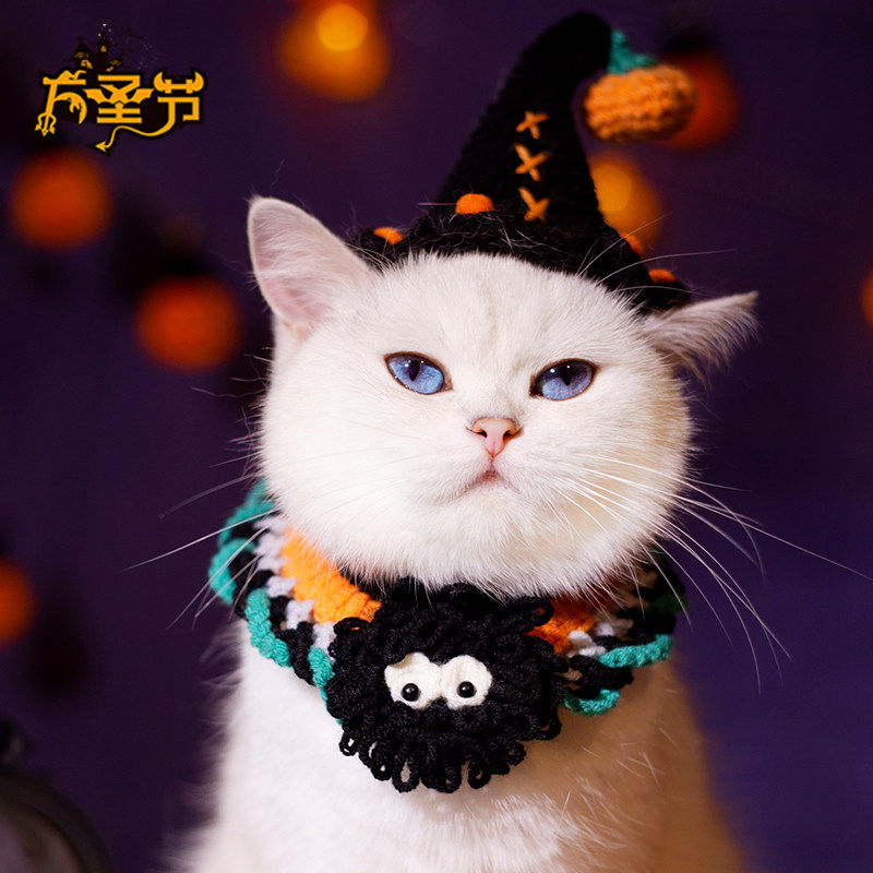 猫咪围脖帽子套装万圣节宠物装饰狗狗项圈手工针织服装围兜口水巾