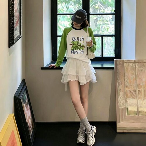 FAFAPRETTY插肩长袖葡萄印花T恤