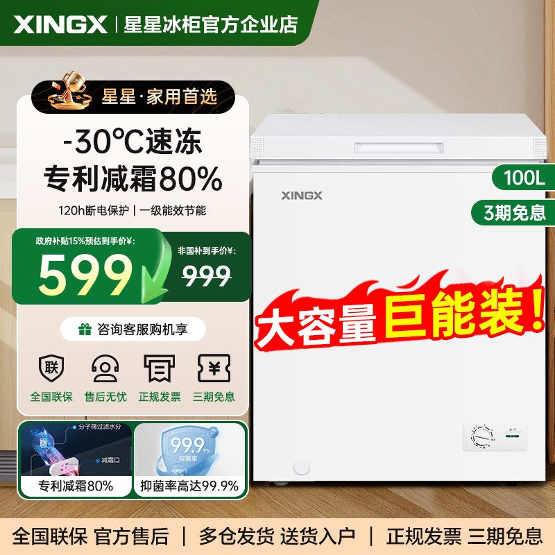 星星冰柜家用100/200升L卧式小型商用单温冷藏冷冻保鲜柜一级冰柜