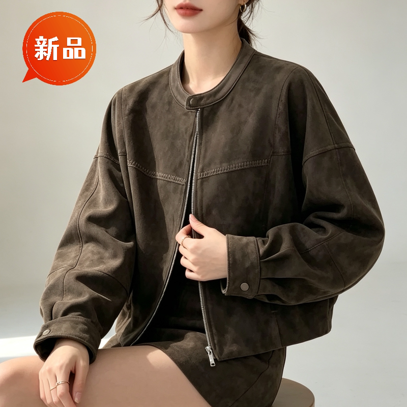 南油女短款圆领皮衣女2026秋新款时尚百搭真皮外套高级感夹克上衣