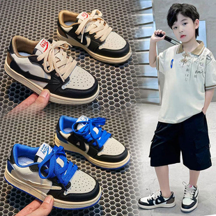 男童真皮鞋子2026春秋款魔术贴女童运动鞋儿童潮牌板鞋低帮篮球鞋