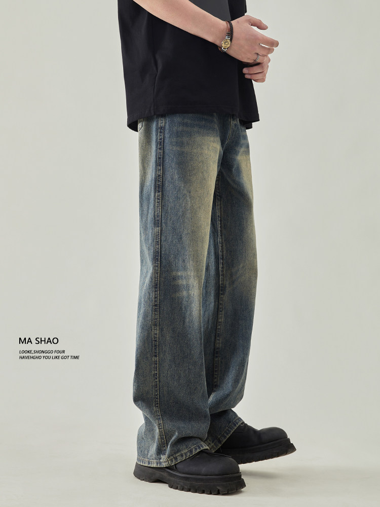 AMERICAN HIGH STREET RETRO FLEECE JEANS MENS WIDE-LEG LOOSE STRAIGHT BOOTCUT VIBE PANTS 2024 AUTUMN AND WINTER NEW
