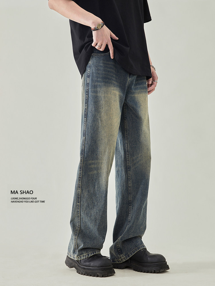 AMERICAN HIGH STREET RETRO FLEECE JEANS MENS WIDE-LEG LOOSE STRAIGHT BOOTCUT VIBE PANTS 2024 AUTUMN AND WINTER NEW
