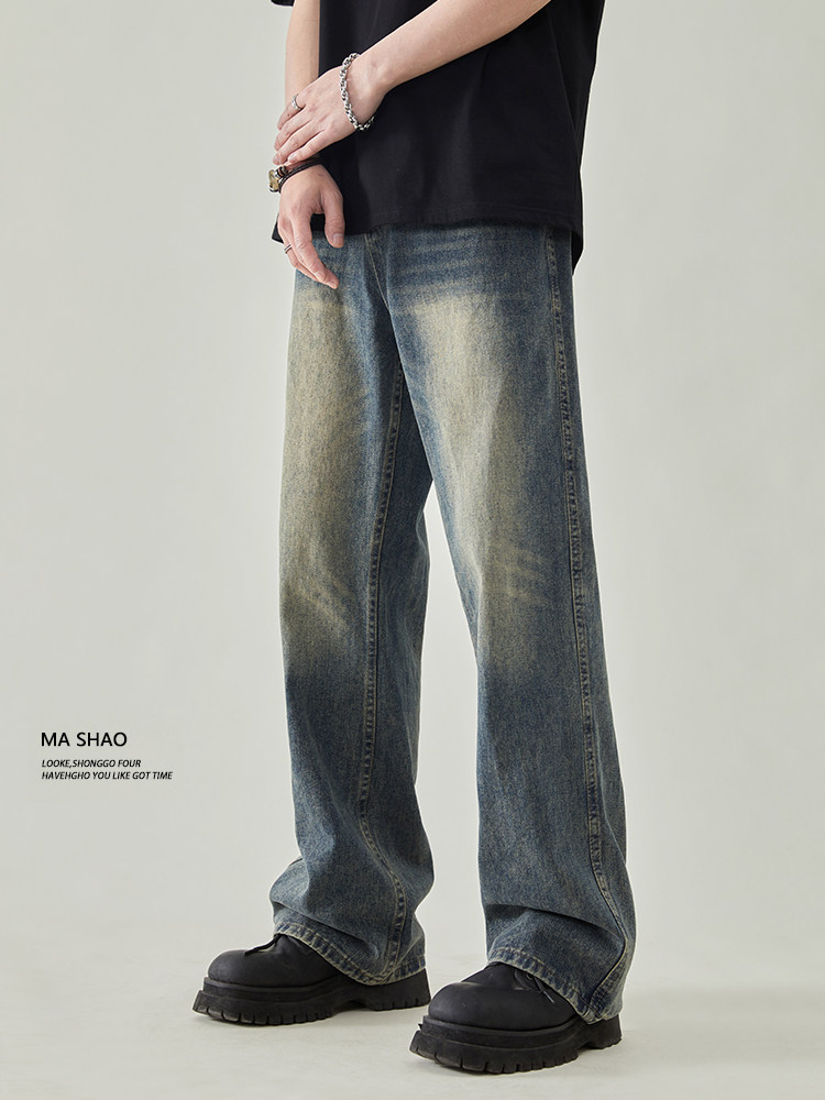 AMERICAN HIGH STREET RETRO FLEECE JEANS MENS WIDE-LEG LOOSE STRAIGHT BOOTCUT VIBE PANTS 2024 AUTUMN AND WINTER NEW