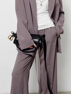 Uncoded灰色直筒阔腿西裤抽绳松紧高腰珠边绣设计秋新款KWWA1K210