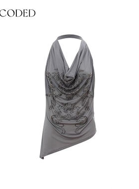 Uncoded深灰色重工定位钉珠法式荡领挂脖上衣25秋冬新款KWWA1N212