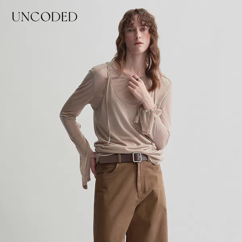 【博主爆款】Uncoded26秋卡桑蚕丝真两件上衣女N022直筒牛仔裤011