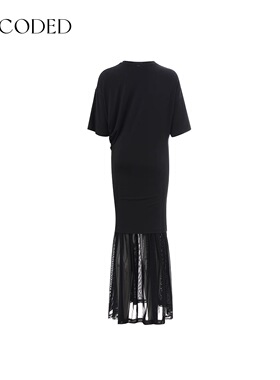 Uncoded黑色高腰堆褶设计假两件连衣裙灵动飘逸秋新款KWWA1L205-1