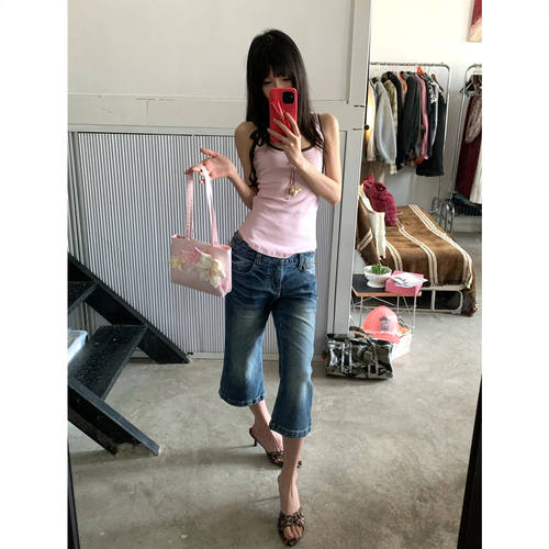 美式复古蓝低腰辣妹七分