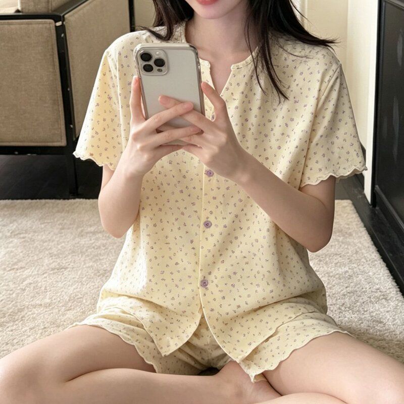 睡衣女款夏纯棉凉感小清新碎花短袖短裤裤开衫套装2026新款家居服