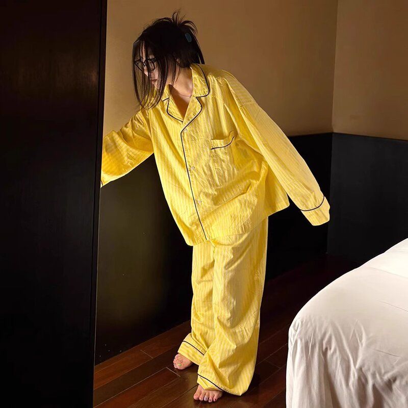 减龄撞色黄白纹春秋款睡衣女秋季长袖开衫宽松高颜值家居服套装