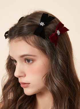 DAINEI岱妮雪域闪钻蝴蝶结发夹女士红色边夹甜美夹子头饰新年发饰