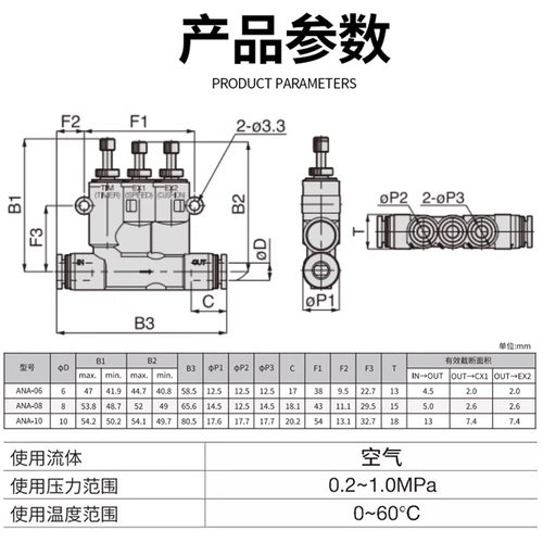 小型气动可调气缓冲接头ANA带速度调节时间气缸缓冲器SA-06/08/10