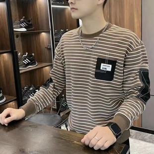 卫衣男无帽秋开春新款休闲长袖T恤男士百搭宽松条纹圆领加绒上衣