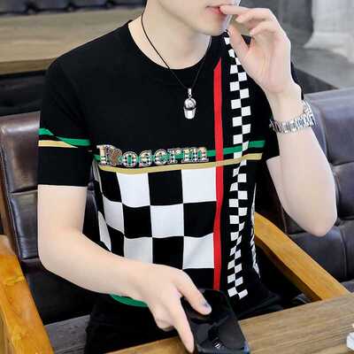 短袖t恤男夏季冰丝印花圆领格子半袖潮流体恤2025潮流ins新款上衣