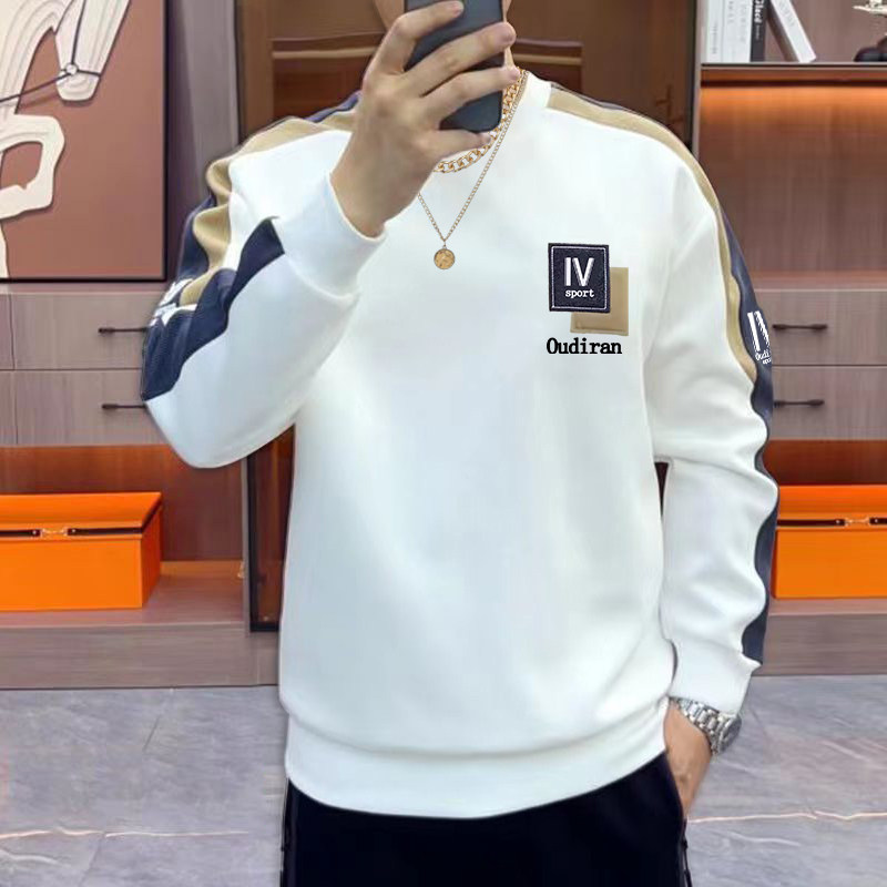 卫衣男士秋冬季无帽百搭时尚套头拼色休闲长袖圆领刺绣T恤打底衫