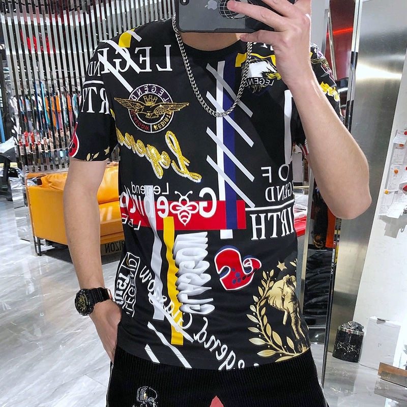 短袖t恤男士夏季新款印花半袖潮牌体恤圆领修身百搭冰丝青年上衣