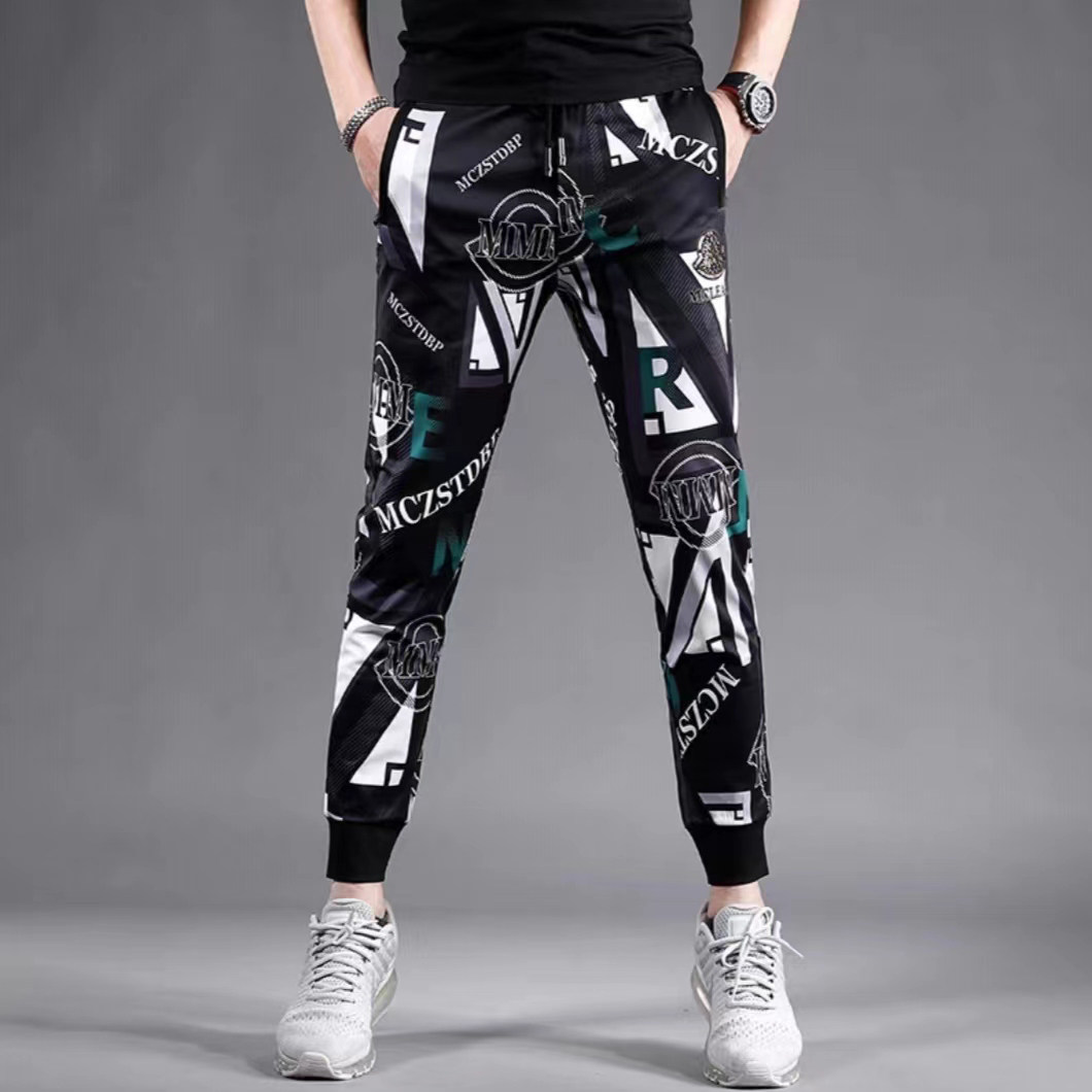 休闲裤子男新款印花潮牌夏季冰丝弹力修身运动薄款百搭束脚裤子