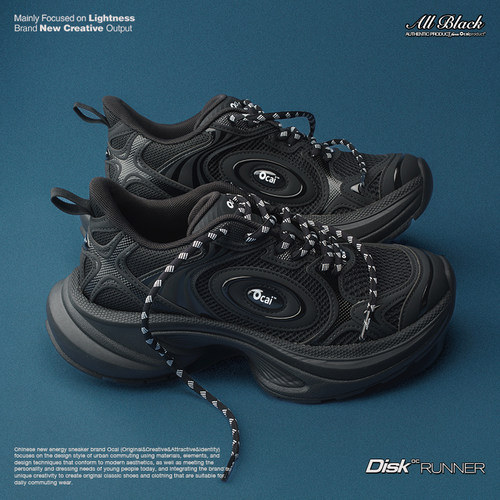 Ocai “Disk Runtech”纯黑色飞碟跑鞋 国潮牌运动情侣休闲老爹鞋