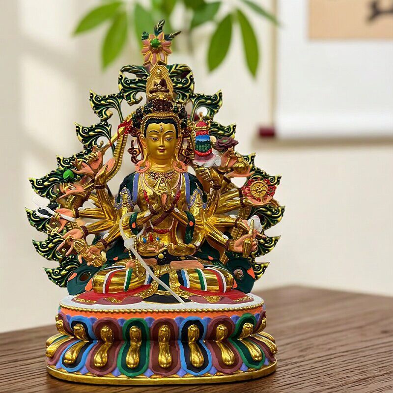 精工铜制彩绘准提佛母佛像密宗黄铜鎏金彩绘准提菩萨佛堂供奉摆件