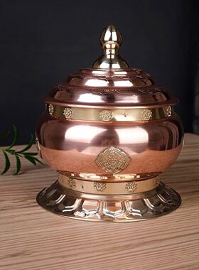 红铜八吉祥贴花糌粑盒糌粑桶储物盒家居饰品收纳罐婚庆器客厅茶几