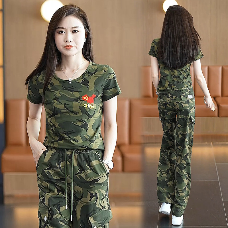 时尚迷彩风短袖圆领上衣阔腿工装裤两件套女夏季休闲广场舞服套装