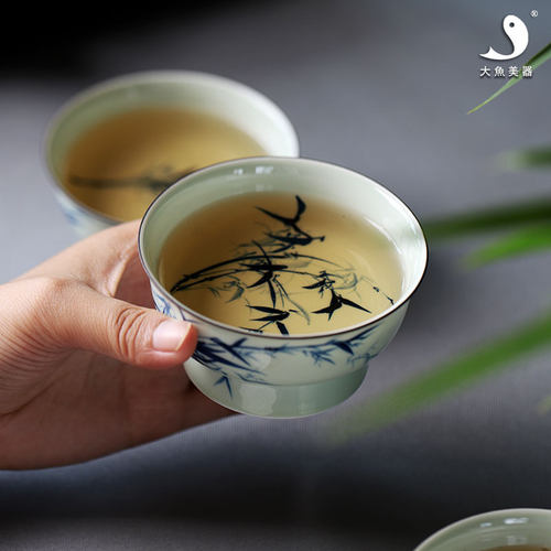 纯手工手绘普洱茶杯青花瓷