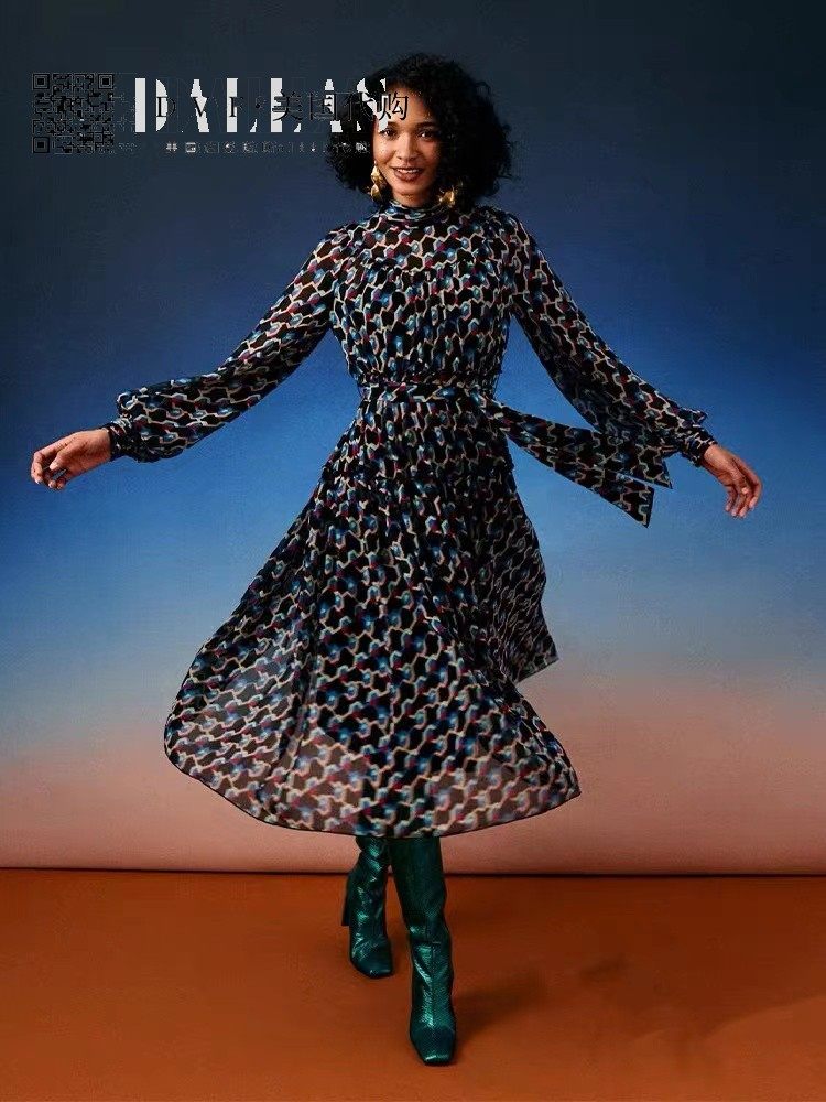 代购dvf2024早春新款女装菱格纹编织印花灯笼袖雪纺连衣裙kent