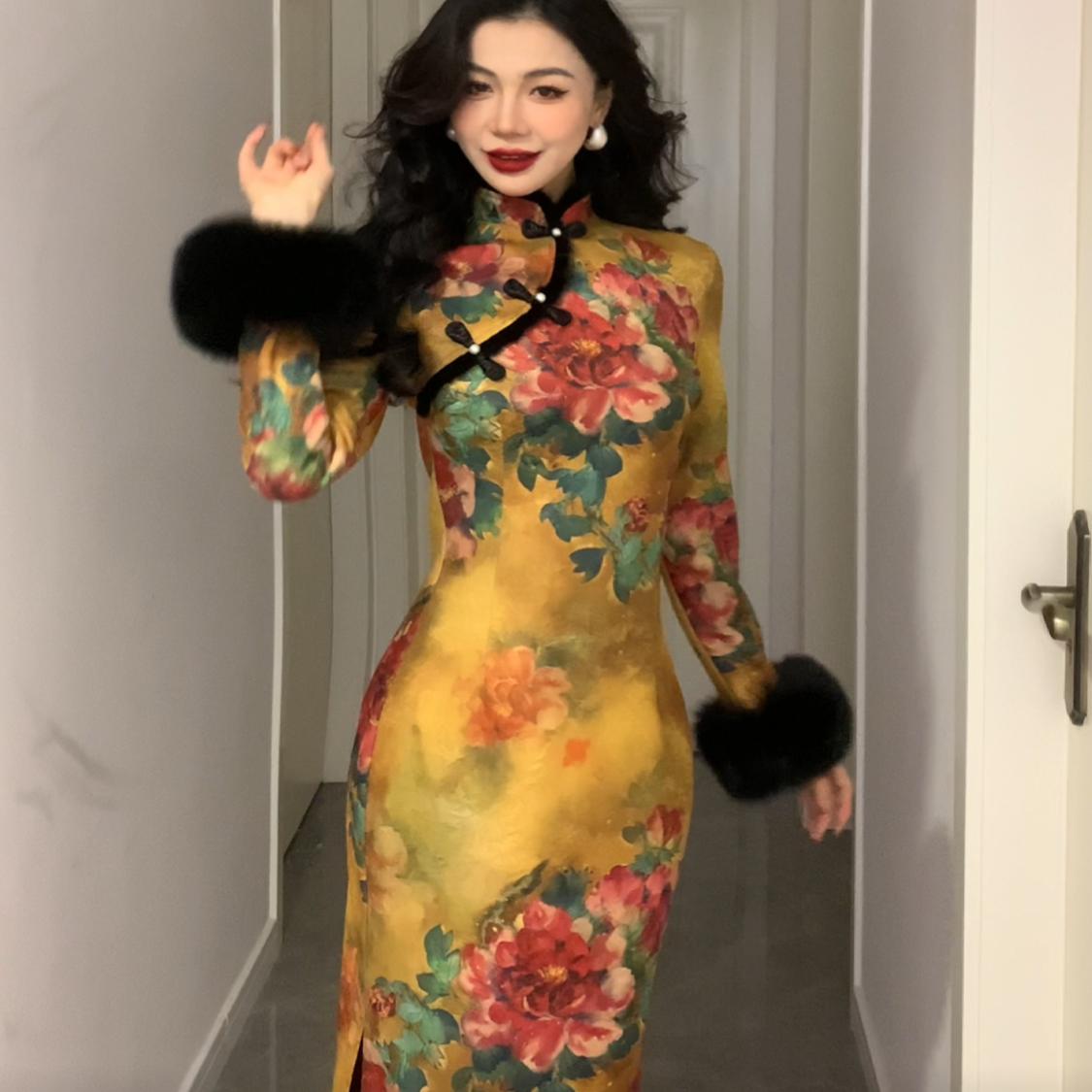 【花眠】2024年新款改良旗袍连衣裙女秋冬年轻款气质高端