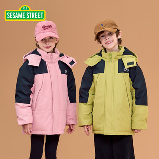 【断码清仓】芝麻街潮牌儿童冲锋衣男女童冬季新款加厚黑金羽绒服