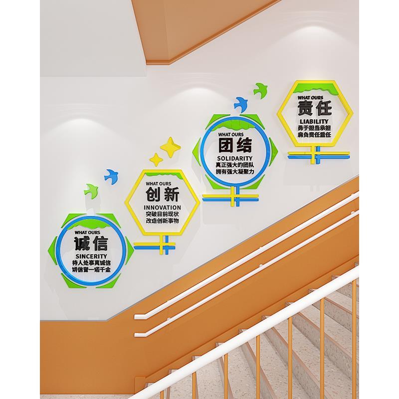 公司企业文化背景墙贴立体亚克力多边形自粘楼梯装饰办公室布置画