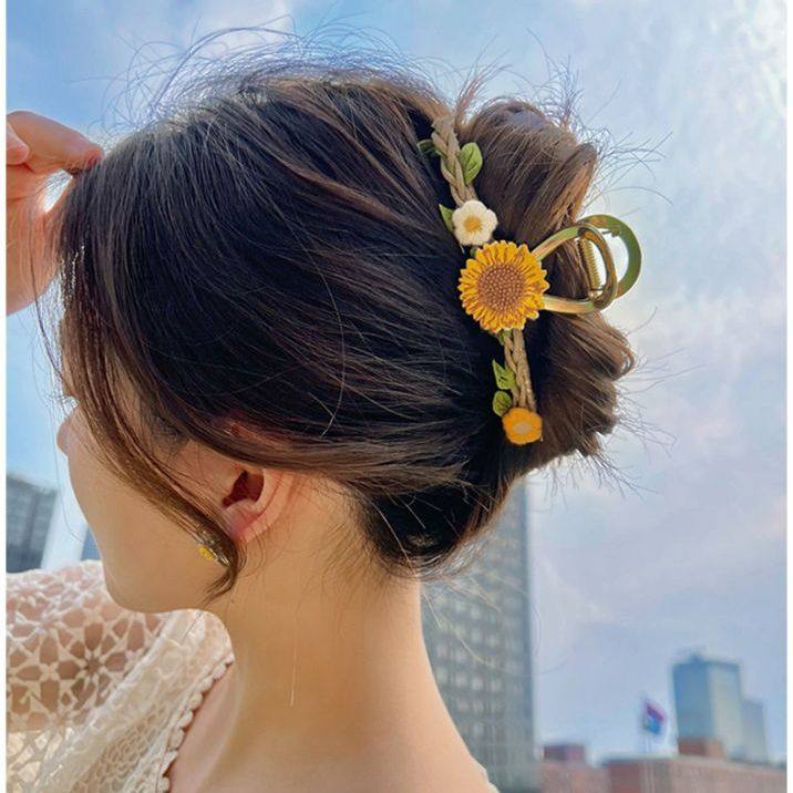画稿设计向日葵抓夹女夏季森系高级感发夹后脑勺仙美鲨鱼夹子大号