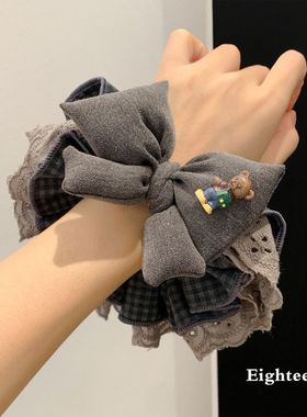 新款韩系灰色大门蕾丝蝴蝶结大肠发圈高级感扎头发超大丸子发饰品