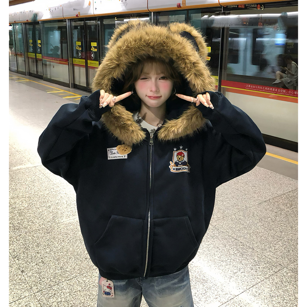 亿万少年BUFU小熊毛领开衫连帽