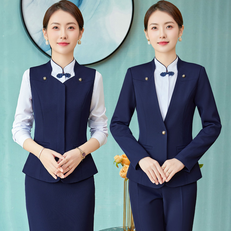 酒店前台接待工作装中式餐饮服务员工作服秋冬高端职业西服套装女