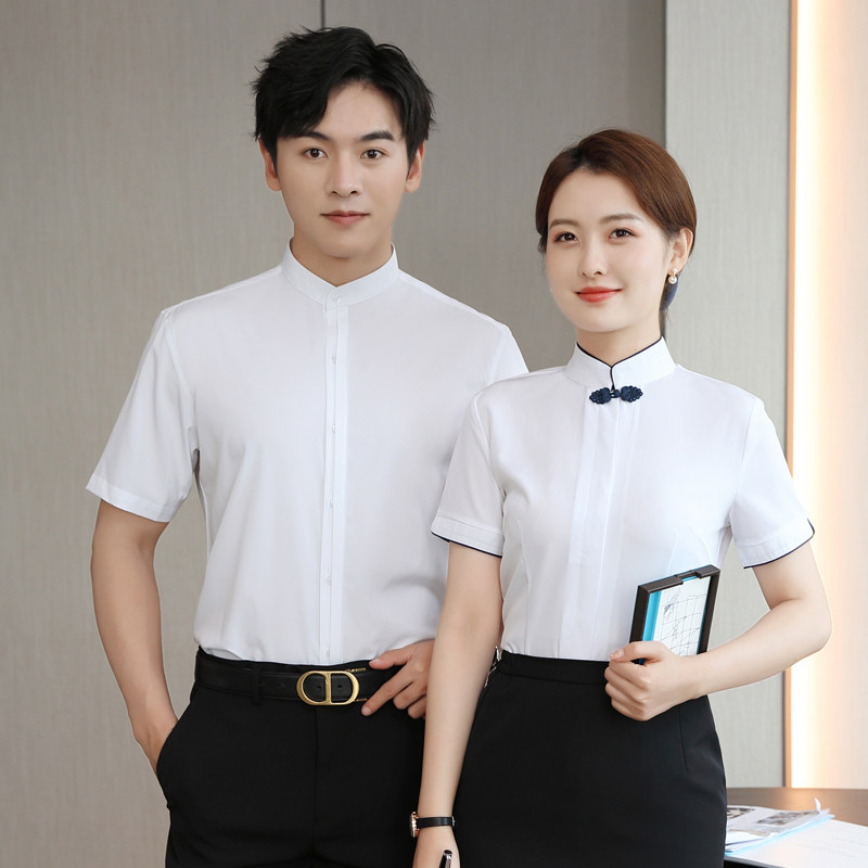 酒店餐饮新中式服务员工作服衬衫女套装前台收银员长短袖衬衣工装