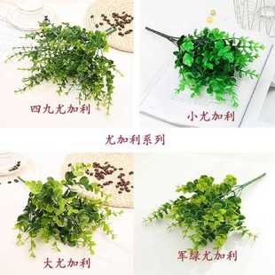 饰盆叉假花园艺插花 定制真植物尤加利仿金钱叶塑料草植物墙栽装