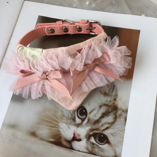 猫咪粉色宠物狗狗碎花三角巾围领口水巾公主蕾丝花边牵引项圈