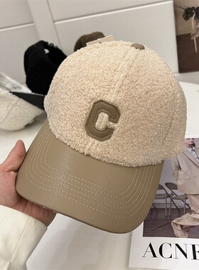 韩版大C标羊羔毛皮檐棒球帽女冬季加绒保暖黑白拼色百搭鸭舌帽子