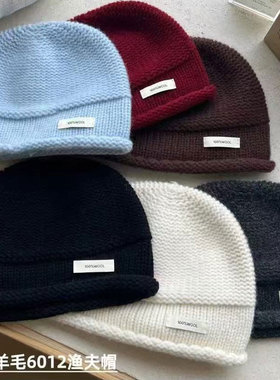 100%wool全羊毛卷边针织帽女冬季保暖护耳纯色百搭显脸小套头冷帽