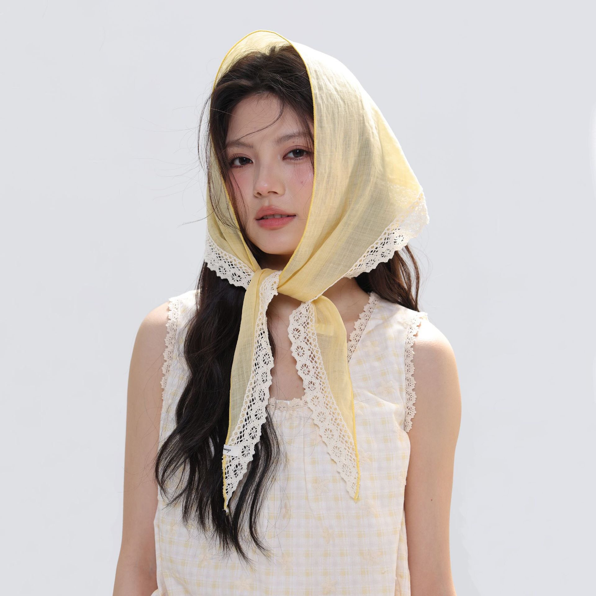 韩系黄色蕾丝100%苎麻丝巾头巾女春夏系脖三角巾披肩百搭装饰屁帘