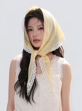 韩系黄色蕾丝100%苎麻丝巾头巾女春夏系脖三角巾披肩百搭装饰屁帘