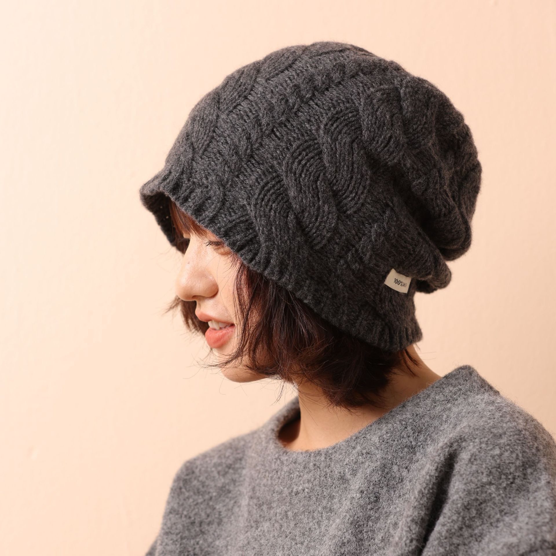 100%纯羊毛麻花针织毛线帽女秋冬保暖大头围显脸小套头冷帽堆堆帽